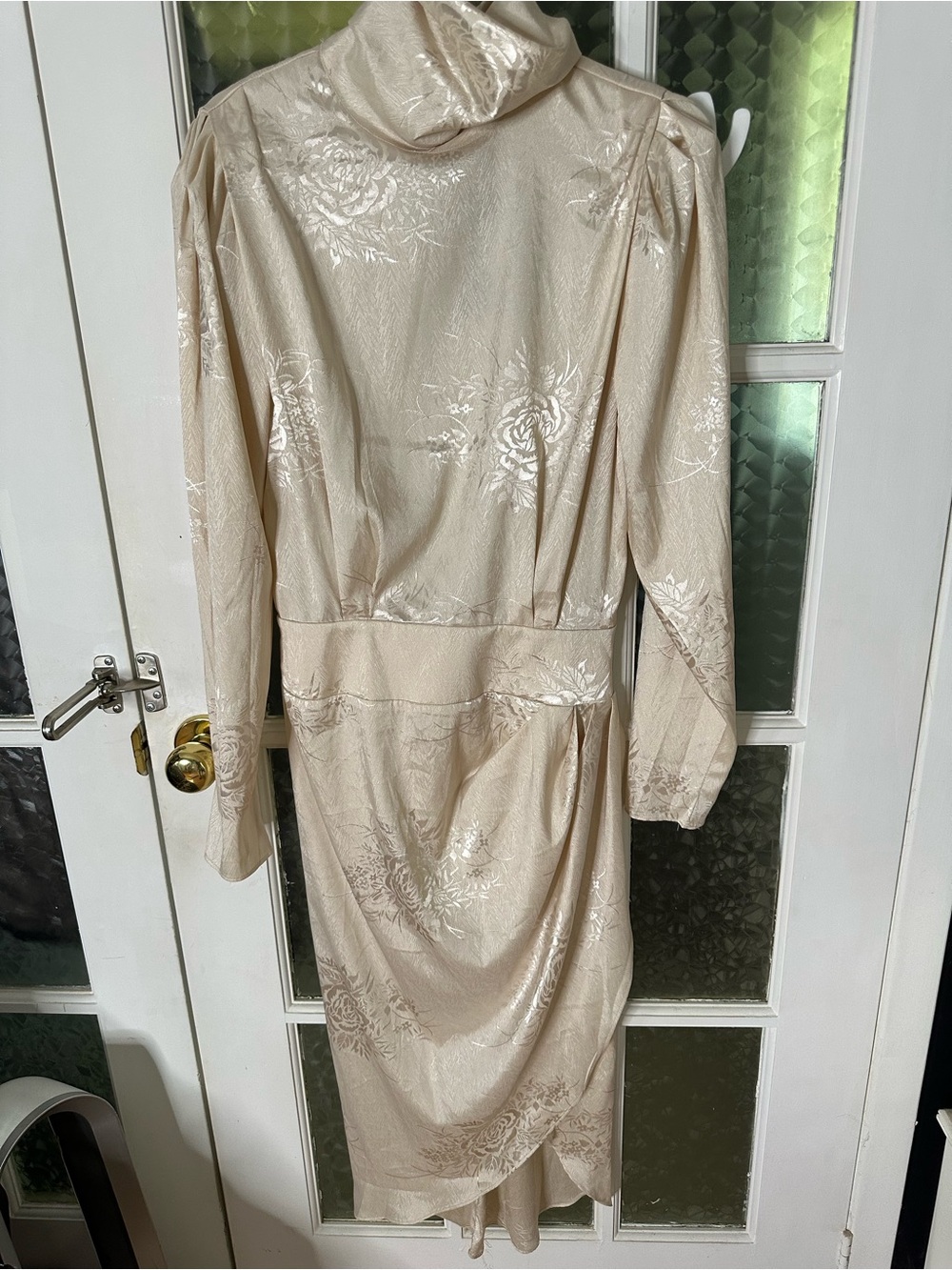Fashion Nova Cream Floral Satin Long Sleeve Midi Dress